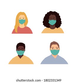 Portraits of black and white people in medical masks, flat vector illustration