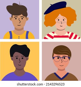 Portraits Of Boys. Different Character Faces Set Vector Illustration In Flat Style