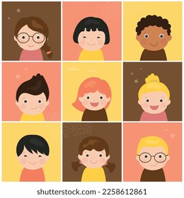 Portraits of boys and girls of different nations and races. Multi-ethnic children close-up. Faces of various kids. Friendship of peoples, happy childhood, peace. Child protection. vector illustration