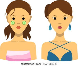Portraits of a brunette girl before and after the transformation: 1) in pink towel, with cucumbers on face and tousled hair; 2) with makeup, in a blue dress and earrings. Vector graphics, illustration