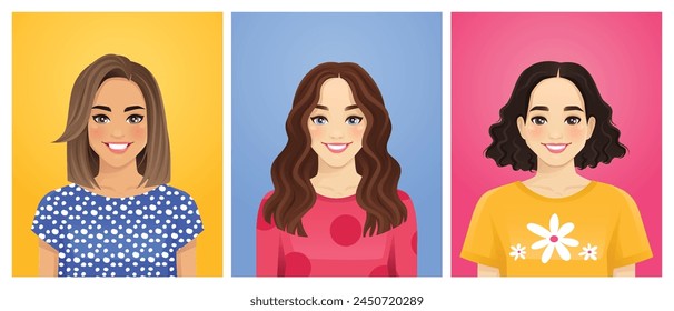 Portraits of casual women with different hairstyles and outfits isolated vector illustration