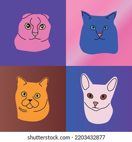 Portraits of cats in abstract colors.  Home pets hand drawn cartoon style. Modern vector illustration. 