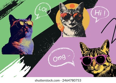 Retratos de gatos en gafas de sol Con efecto fotocopia vintage monocromo, collage y2k. Elementos de diseño retro de semitonos Stipple. Ilustración vectorial para grunge punk póster surrealista, diseño de impresión, camiseta