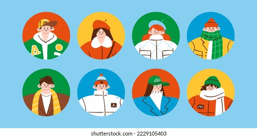 Portraits of characters in stylish winter or autumn clothes. Vector illustration of young people wearing trendy casual outerwear. Round icons in cute flat style. Winter fashion concept.