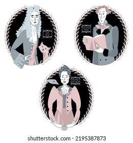 Portraits Of Charles Perrault, Selma Ottilia Lovisa Lagerlöf, Hans Christian Andersen. Famous Storytellers. Fairy Tales. Vector Illustration

