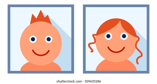 Portraits of children in the frame, and the long shadow. a boy and a girl. icon. Suitable for children's rooms, cards "with newborn" Vector