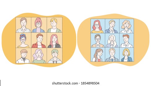 Portraits, classmates, faces, people, photo album, university, team concept. Faces of positive teens and young women and men cartoon characters smiling on shots. Students, pupils, group illustration