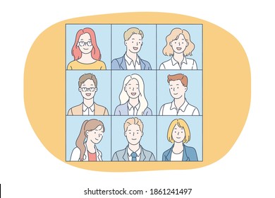 Portraits, classmates, photo album concept. Faces of positive people business office workers cartoon characters smiling on shots. Teamwork, business people, group, unity coworkers, partners vector