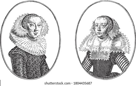 Portraits of the courtesans called Schone Elsje and Schone Hester, Crispijn van de Passe (II), vintage engraving.