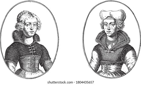 Portraits of the courtesans called Schone Ifken van Purmerend and Bes Jans van Wormer, Crispijn van de Passe, vintage engraving.