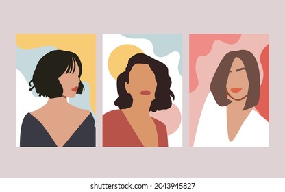 Tapas de retratos. Estilo de la cultura moderna. Patrón de fondo simple. Ponga afiches mínimos de belleza. Belleza cultural, rostros de colecciones. Resumen mínimo, línea de arte. Ilustración vectorial.