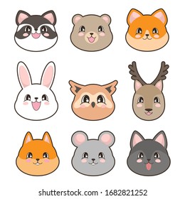 Portraits of cute animals in cartoon style. Rabbit, deer, owl, racoon, bear, wolf, mouse, squirrel and fox. Vector illustration