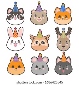 Portraits of cute animals with paper party hats in cartoon style. Rabbit, deer, owl, racoon, bear, wolf, mouse, squirrel and fox. Vector illustration