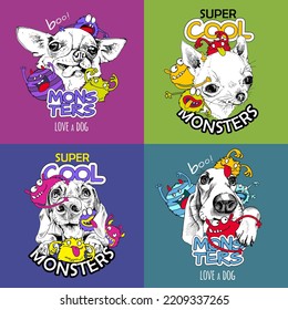 Portraits of the cute dogs with the cartoon monsters. Chihuahua, Basset Hound, Dachshund. Humor set card, t-shirt composition, hand drawn style print. Vector illustration.