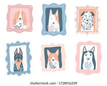 Portraits of cute dogs with flowers. Flat cartoon colourful vector illustration. Perfect for kids apparel, textile, nursery, wrapping paper, t shirt