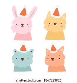 portraits of cute doodle animals in Christmas hats