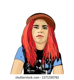 
portraits cute girls with red hair in a hat  black and blue t-shirt