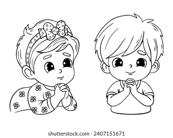 Portraits cute praying children girl and boy. Vector illustration. Isolated outline hand drawings. Religious believer little child character. Kids collection