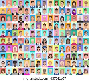 Portraits of different people, detailed drawing, colored collage, vector illustration