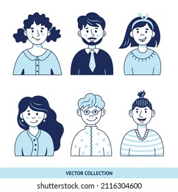 Retratos de diferentes personas - conjunto de vectores.
Ilustración vectorial en estilo plano, imagen de perfil, usuario