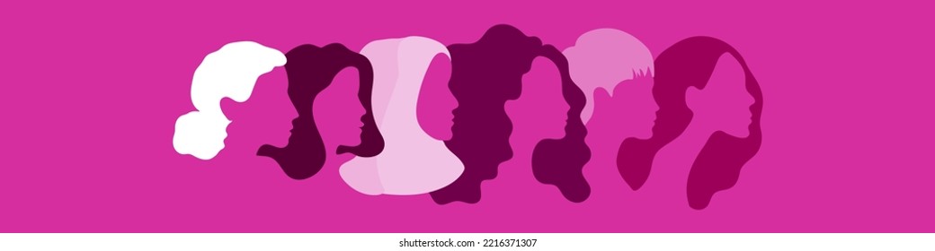 Portraits of different women in profile. Horizontal banner. Pink colors. International Day of Breast Cancer. Concept of women's rights, diversity, unity. Vector illustration, flat design