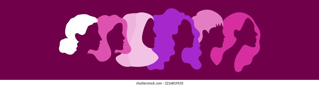 Portraits of different women in profile. Horizontal banner. Pink colors. International Day of Breast Cancer. Concept of women's rights, diversity, unity. Vector illustration, flat design