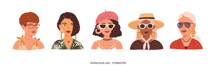 Portraits of different young modern women wearing straw hat, beret, sunglasses and eyeglasses. Set of stylish and fashion female avatars isolated on white background. Colored flat vector illustration