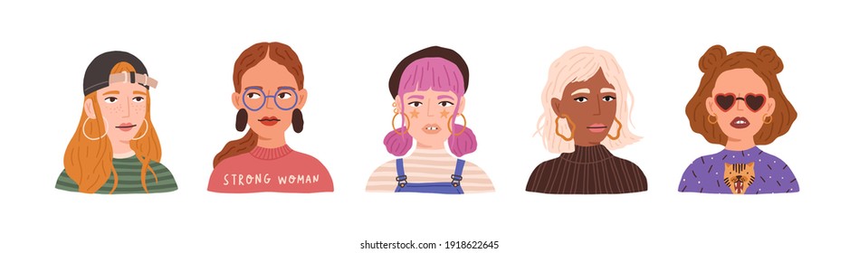 Portraits of different young modern women and girls wearing cap, beret and glasses. Collection of stylish and fashion female avatars isolated on white background. Colored flat vector illustration