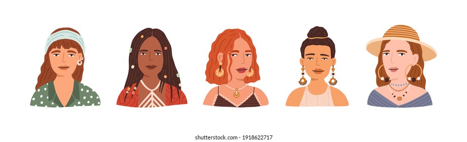 Retratos de diferentes jóvenes mujeres modernas con diferentes estilos de cabello con banda en la cabeza, sombrero y pendientes. Conjunto de avatares femeninos de diseño y de moda aislados en un fondo blanco. Ilustración vectorial plana