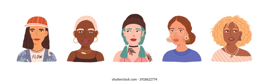 Retratos de diferentes mujeres y niñas jóvenes modernas con diversos estilos de cabello y accesorios. Conjunto de avatares femeninos de diseño y de moda aislados en un fondo blanco. Ilustración de vector plana colorida