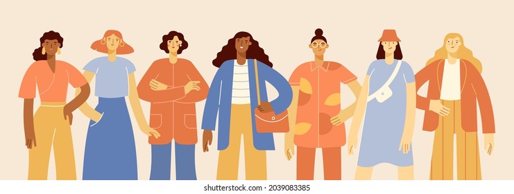 Portraits of diverse female characters standing together. Group of young women of different nationality in casual outfit. Modern and funny team. Vector illustration, flat design.