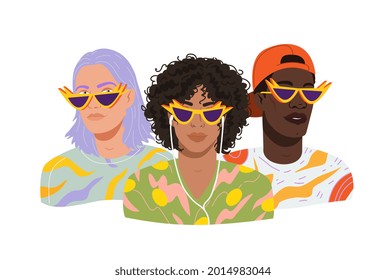 Retratos de diversos tipos modernos. Avatares de hombres con gafas de sol modernas y ropa de moda. Amigos del partido juntos. Retrato vectorial de jóvenes elegantes aislados en blanco