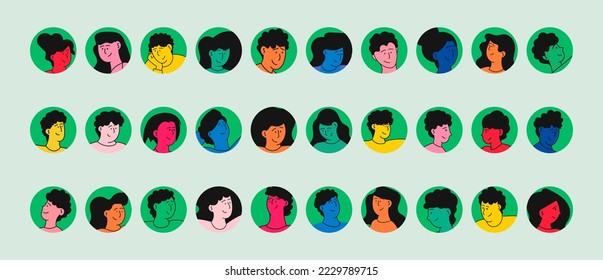 Portraits of diverse people vector illustration. Avatar man and woman. Cartoon young character and different social community. Business face and multiethnic user. Profile worker and simple employee 