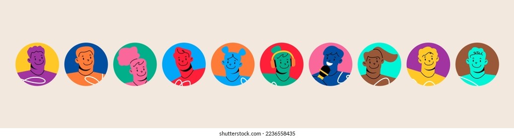 Retratos de jóvenes diversos. Ilustración vectorial colorida
