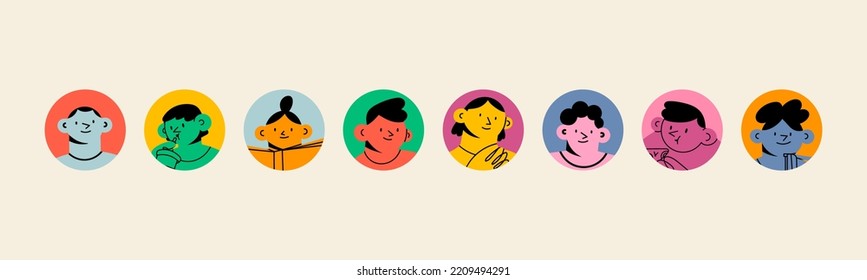 Portraits of diverse young people. Cute funny characters. Trendy modern art. Cartoon, minimal, abstract contemporary style. Round avatar, icon, logo templates. Hand drawn Vector isolated illustrations - Shutterstock ID 2209494291