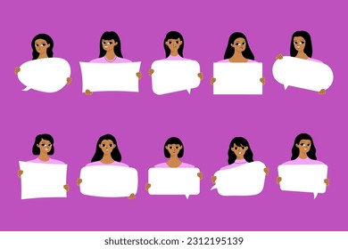 Portraits of diverse young womans with placards. Collection of black girls with mockups. Set of isolated vector illustration
