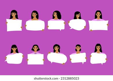 Portraits of diverse young womans with placards. Collection of black girls with mockups. Set of isolated vector illustration
