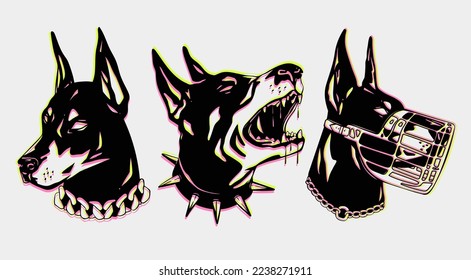 Portraits of a Doberman dog. Abstract neon style. Dog with spiked and chain collar, dog with muzzle. Calm and Barking doberman. Hand drawn Vector illustration. Print, logo, tattoo, sticker template