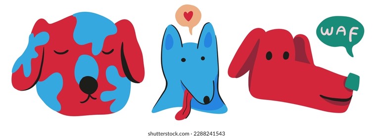 portraits of dogs in flat style. three dogs with different emotions. a dog in love, a sleeping dog and a barking dog. 
