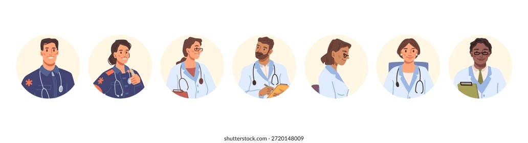 Portraits of emergency and general practice doctors. Vector isolated icons of men and women of different nationalities in professional clothing. Health professionals character avatars or stickers