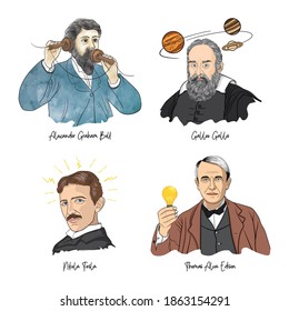 Retratos de un científico famoso. Graham Bell, Galileo Galilei, Nikola Tesla, Thomas Alva Edison