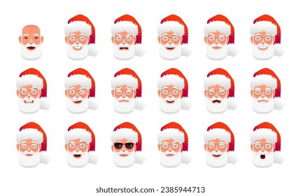 Retratos de Papá Noel barbudo de moda. Una colección de caras de un viejo y lindo Santa con gafas redondas. La expresión en la cara de Santa Claus. Sonrisa, felicidad, ira, sorpresa, miedo, tristeza, etc.