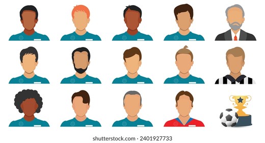 Portraits of football players in soccer blue uniform. football players, soccer team manager and football referee and trophy award. sport people icon flat design vector illustration.