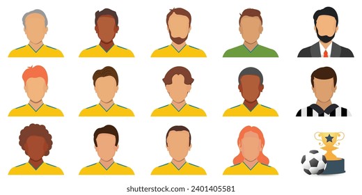 Retratos de futbolistas con uniforme amarillo de futbol. futbolistas, entrenador del equipo de fútbol y árbitro de fútbol y premio trofeo. ilustración vectorial de diseño plano de icono de deportistas.