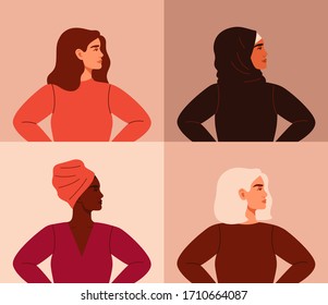 Portraits of Four strong women of different nationalities and cultures. The concept of girl power and of the female empowerment movement.