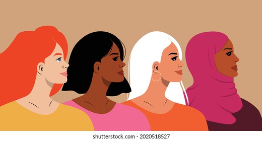 Portraits of Four women of different nationalities and cultures standing together. The concept of gender equality and of the female empowerment movement.Vector illustration