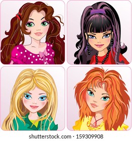 portraits of four young girls with fashionable hairstyles