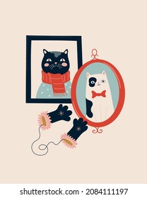 Portraits in frame of different cats and mittens. Christmas and New Year illustration, greeting card