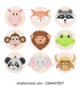Portraits of funny animals for children on a white background. Cartoon style