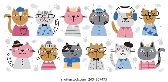 Portraits of funny cats wearing stylish clothes and trendy fashion accessories vector illustration. Cute animated adorable fluffy kitten domestic pet animals characters dressed in human apparel